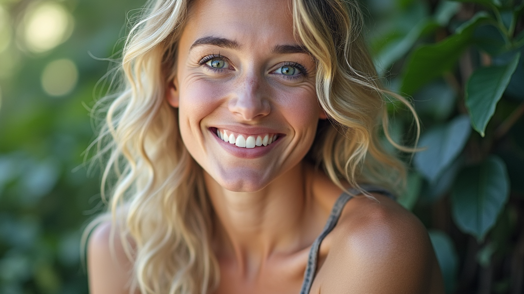 Visage souriant d'une juene femme blonde de 30 ans avec un mur végétalisé en arrière plan.